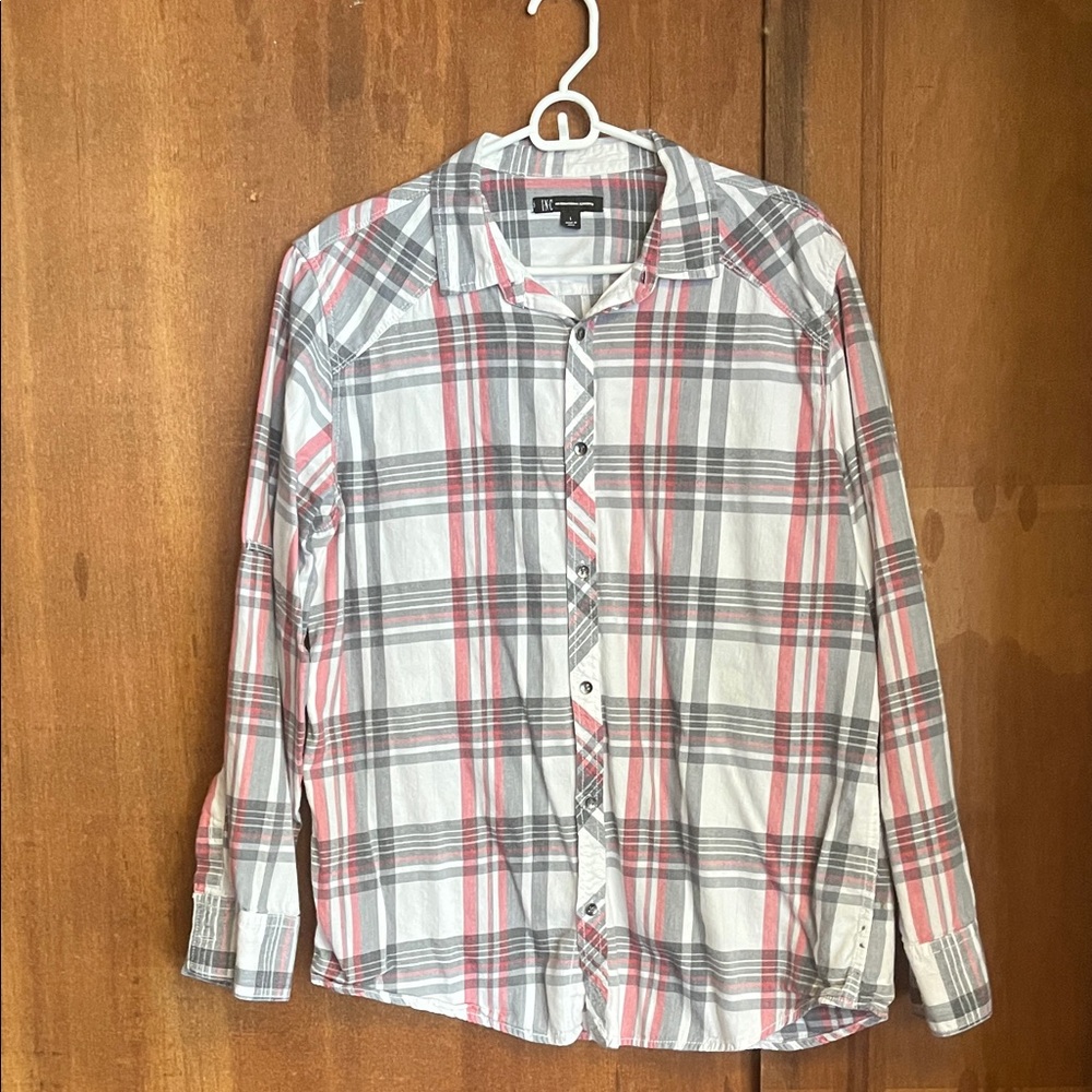 INC International Concepts Gray and Red Casual Button Down Shirt